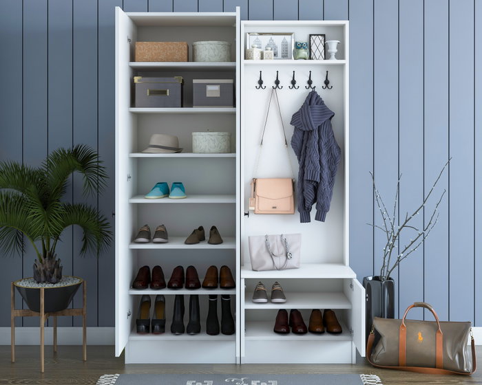 Hanah Home M11 - 1567 Recibidor estilo escandinavo con almacenamiento, cajón, estantes y perchero, Blanco, 119.6x182.8 cm